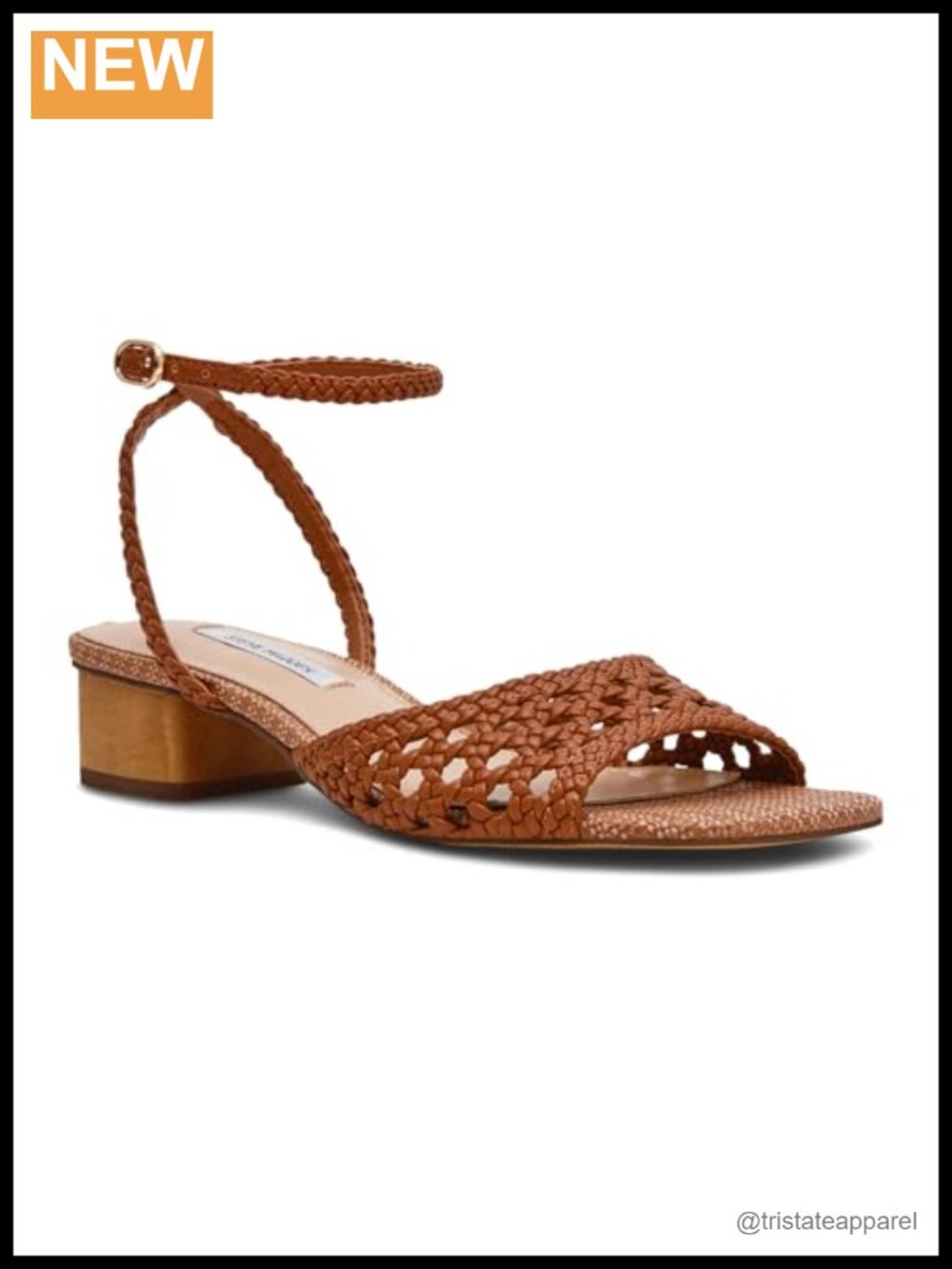 Woven Leather Heeled Sandals Square Toe Ankle Strap Block Heel